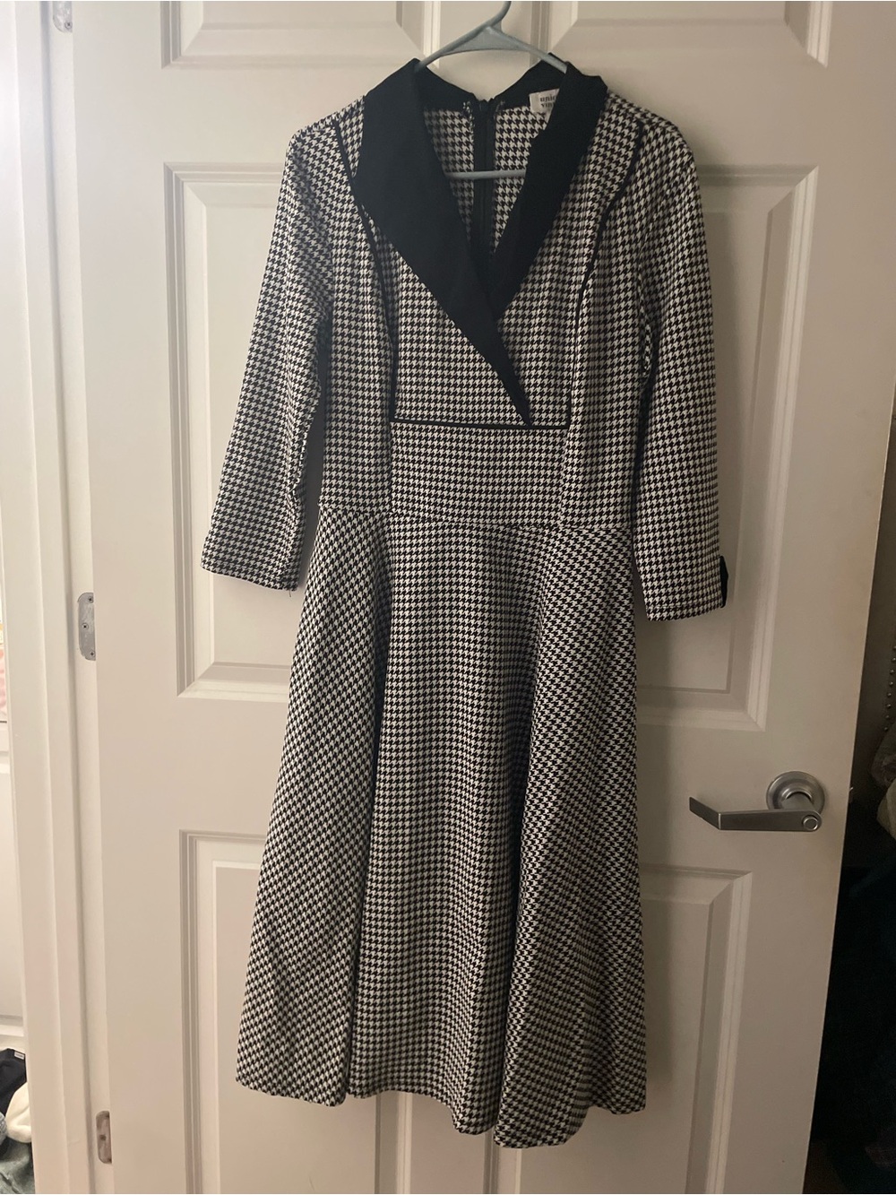 Unique Vintage Black and White Houndstooth Long Sleeve Fit-and-Flare Dress